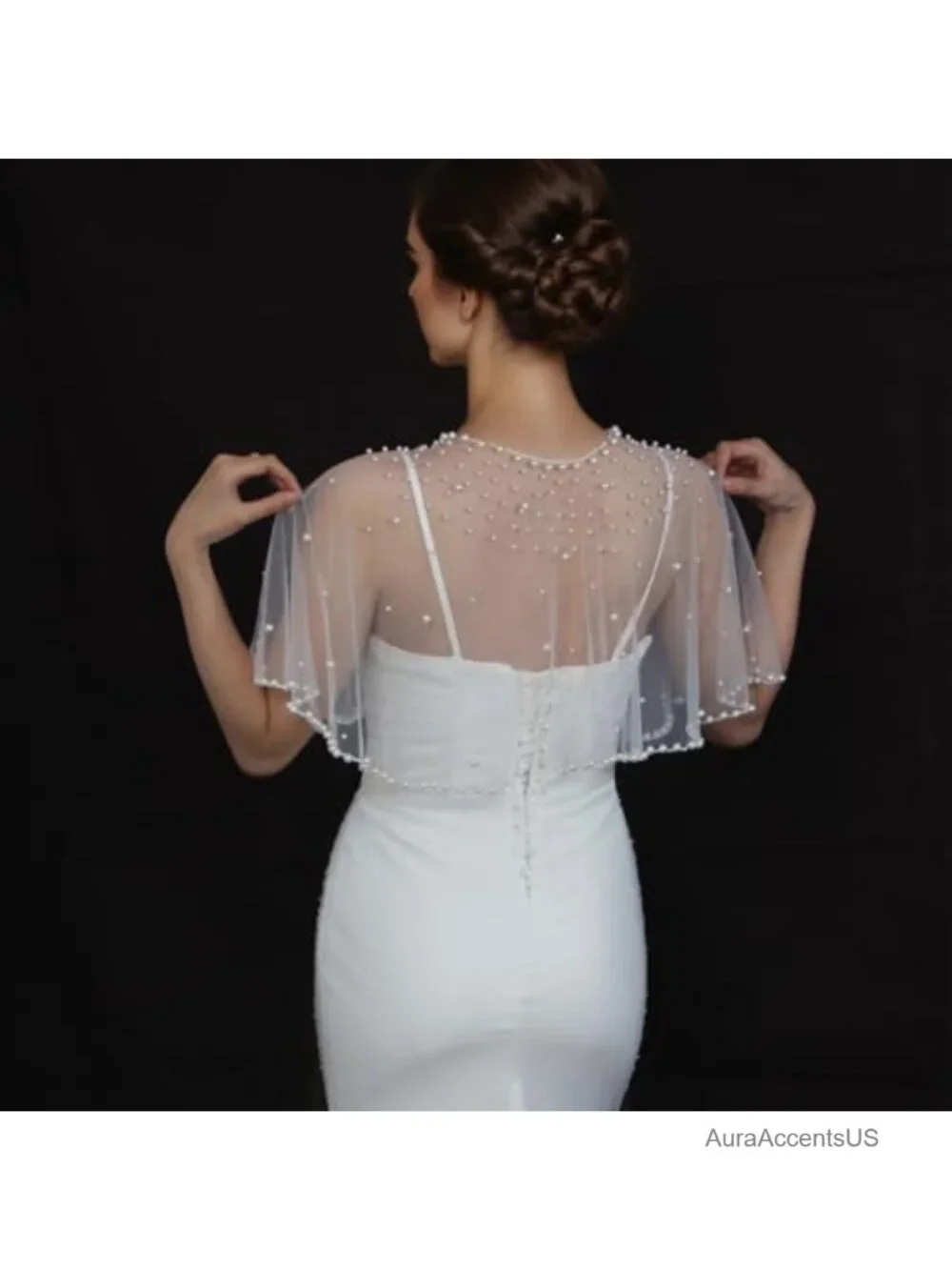 Pearl Tulle Sheer Bridal Cape Shawl Wrap Women Elegant Party Shoulder Cover Up